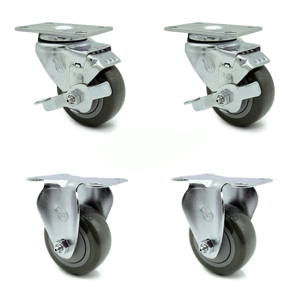 3 Inch Gray Polyurethane Wheel Swivel Top Plate Caster Set with 2 Brake 2 Rigid